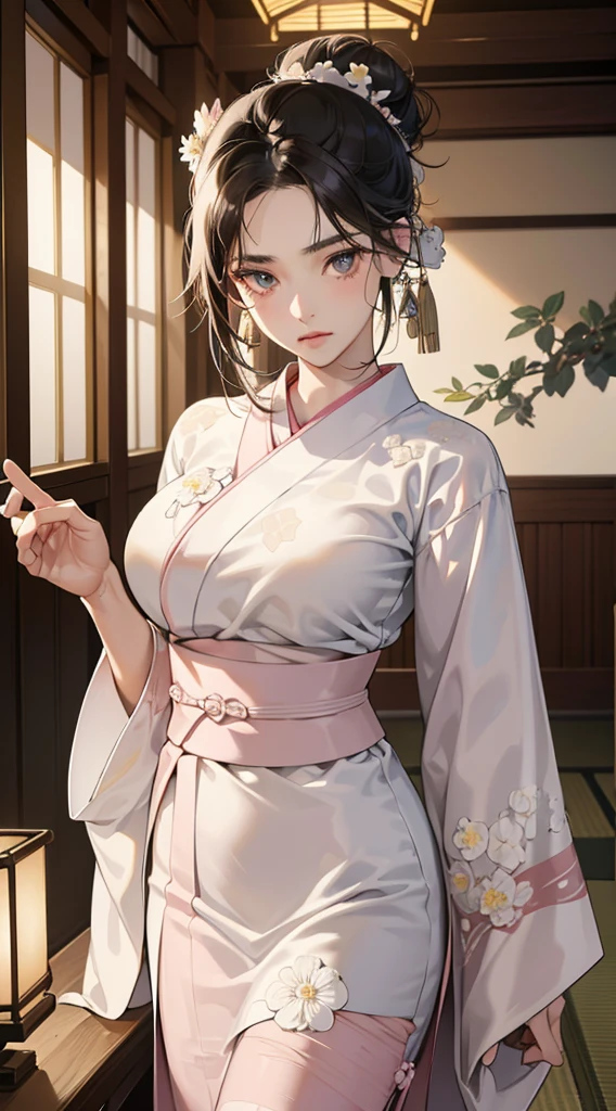 (perfect anatomy:1.2)(absurdres, highres, ultra detailed),masterpiece,best quality,high resolution,8k,Realistic face,Realistic skin texture,magnified textures, stunning clarity,(ultra detailed eyes and face),(1 girl:1.5),,black hair,messy bun,pale skin, mysterious eyes,(White flower-patterned yukata:1.2)(thin fabrik),(light pink obi:1.2),thin body type,big breasts,(expressionless:1.2),Steampunk in the meiji Period、night、Lobby of Japanese Ryokan、hieroglyph,Ancient Egyptian statues,look at viewer,(from front:1.3),Delicate atmosphere、,cowboy shot,