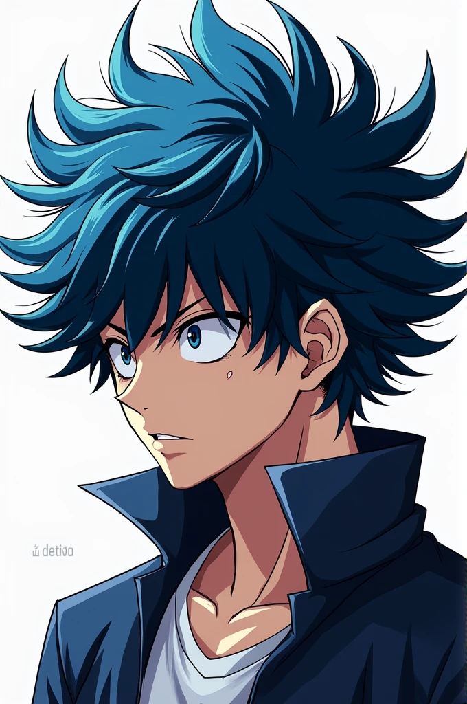Hitoshi Shinso with messy, indigo-colored hair that flares out in large tufts around his head, boku no hero Academy
