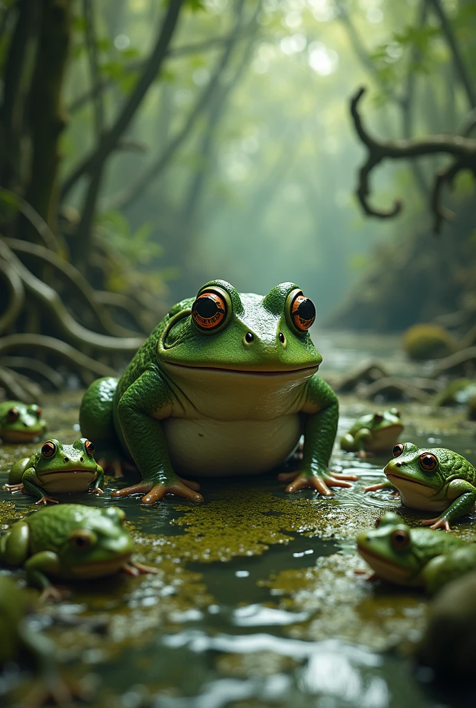  a swamp full of frogs laughing at a fat, sad frog, crawling


