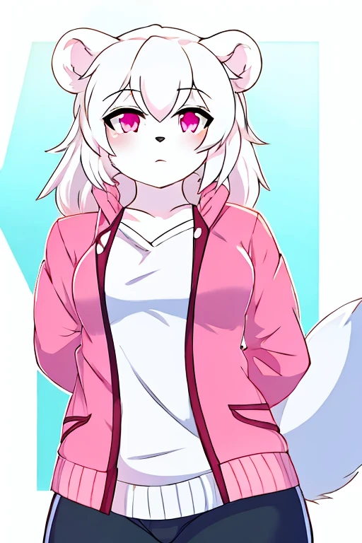 polar bear, long white hair, pink eyes, pink furry jacket