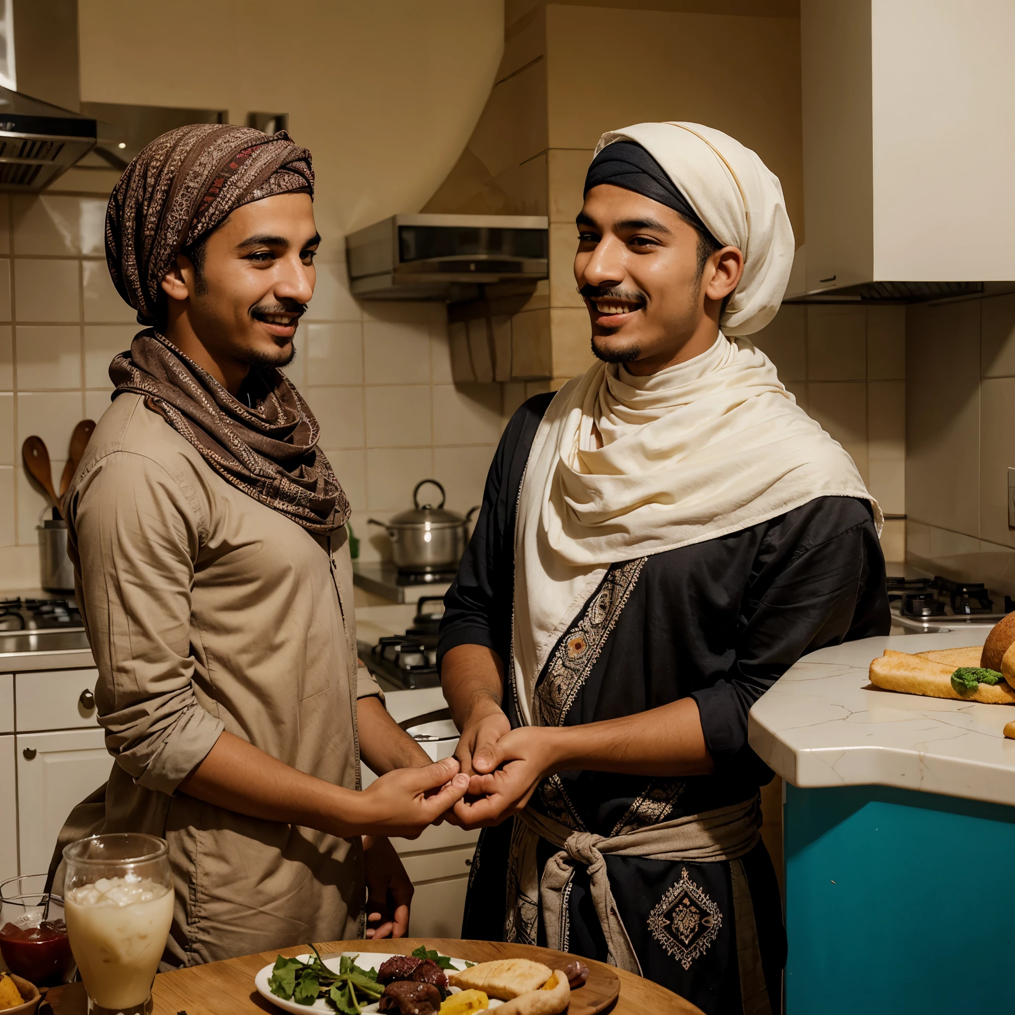 A Moroccan young man with a moustache chats and laughs with his Moroccan mother with a headscarf in the kitchen.