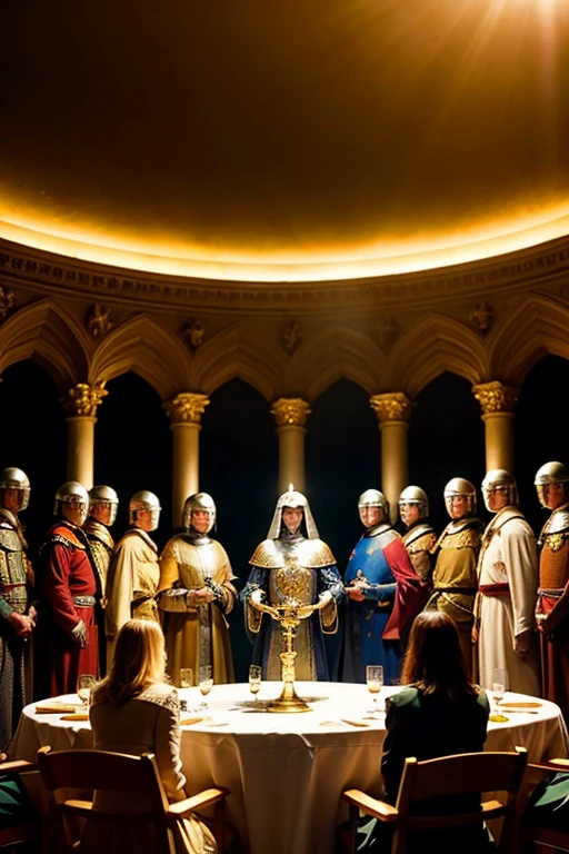 10 Knights of the Round Table,Standing posture,The Holy Grail in the center of the knight,Knights surround and gaze upon the Holy Grail,hole,The Holy Grail is God々Shining,Intense light particles