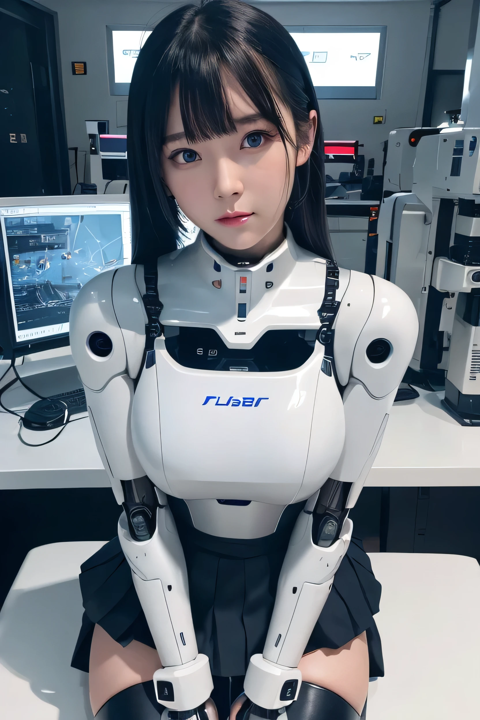 masterpiece, best quality, extremely detailed, Japaese Cyborg Girl,Plump ,navy pleated miniskirt,black tights,control panels,android,Droid,Mechanical Hand, ,clothes with a sense of mechanical technology, Robot arms and legs, Black Robot Parts,Black hair,Mechanical body,Blunt bangs,White abdomen,White robotics parts,tube dress,perfect robot woman,future laboratory,cyber pank,charging spot,android factory,robot factory,cyborg factory,long tube,thick cable connecting her neck,ceramic body ,blue eyes,smechanical body, android,robot humanoid,