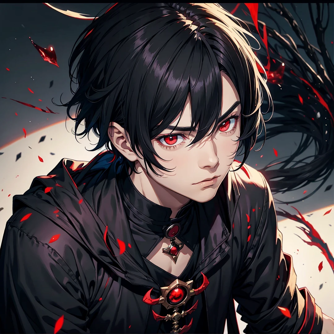 young man with short black hair with red eyes with a gloomy expression black clothes mystic magician
