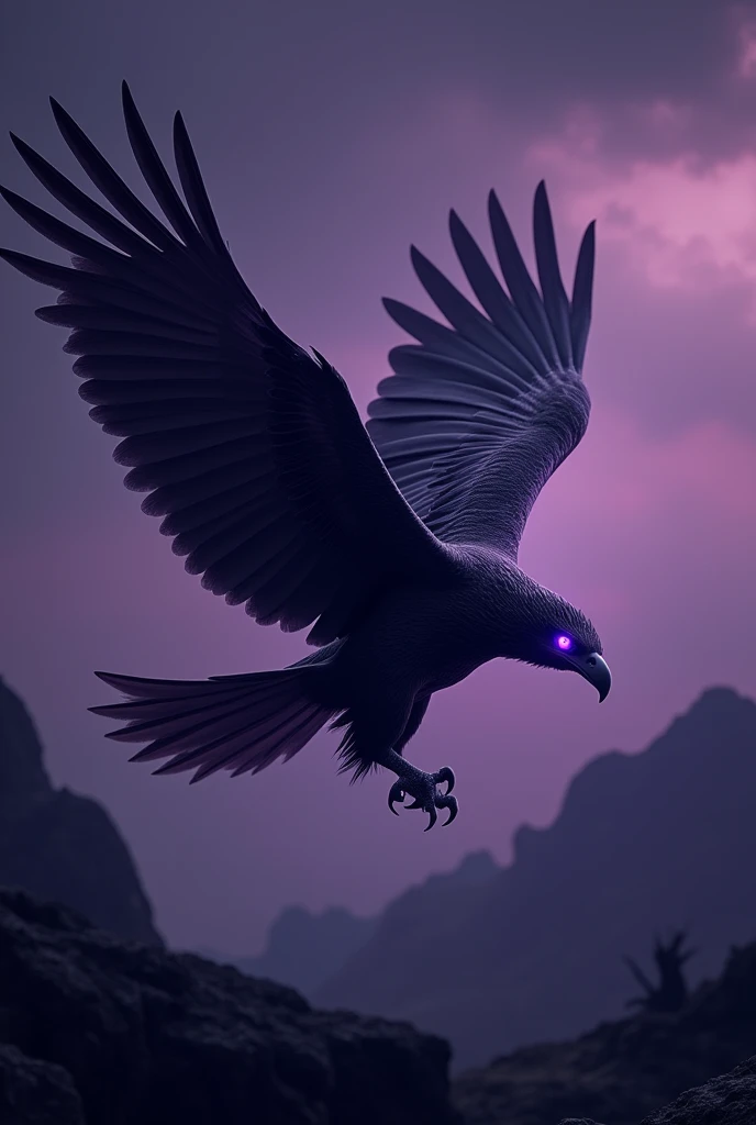 Imagine a big majestic eagle, fierce and elegant with predominantly black feathers. Purple can be used for details like the tips of feathers., the beak, the eyes and the claws. 
The eagle should be flying in a dark purple twilight landscape in the background and the purple of the eagle&#39;s eyes is bright 