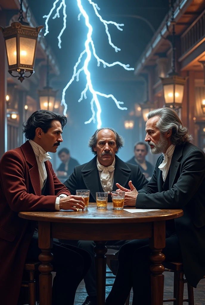 nikola tesla , Michael Faraday and Benjamin Franklin Drinking in a bar and talking about science,the roof of the bar passes a bolt of thunder 