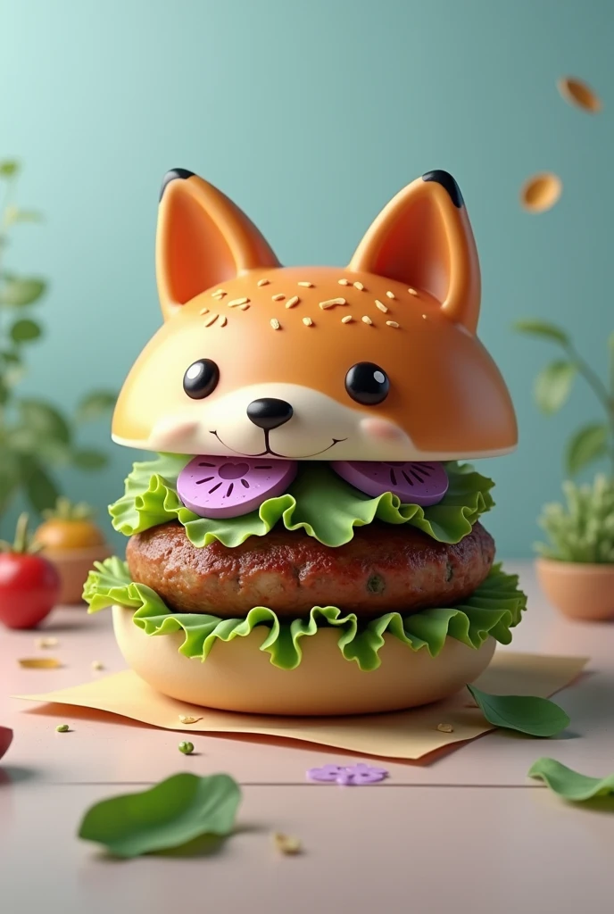   Realistic burger in green and lilac colors with some details and a fox theme