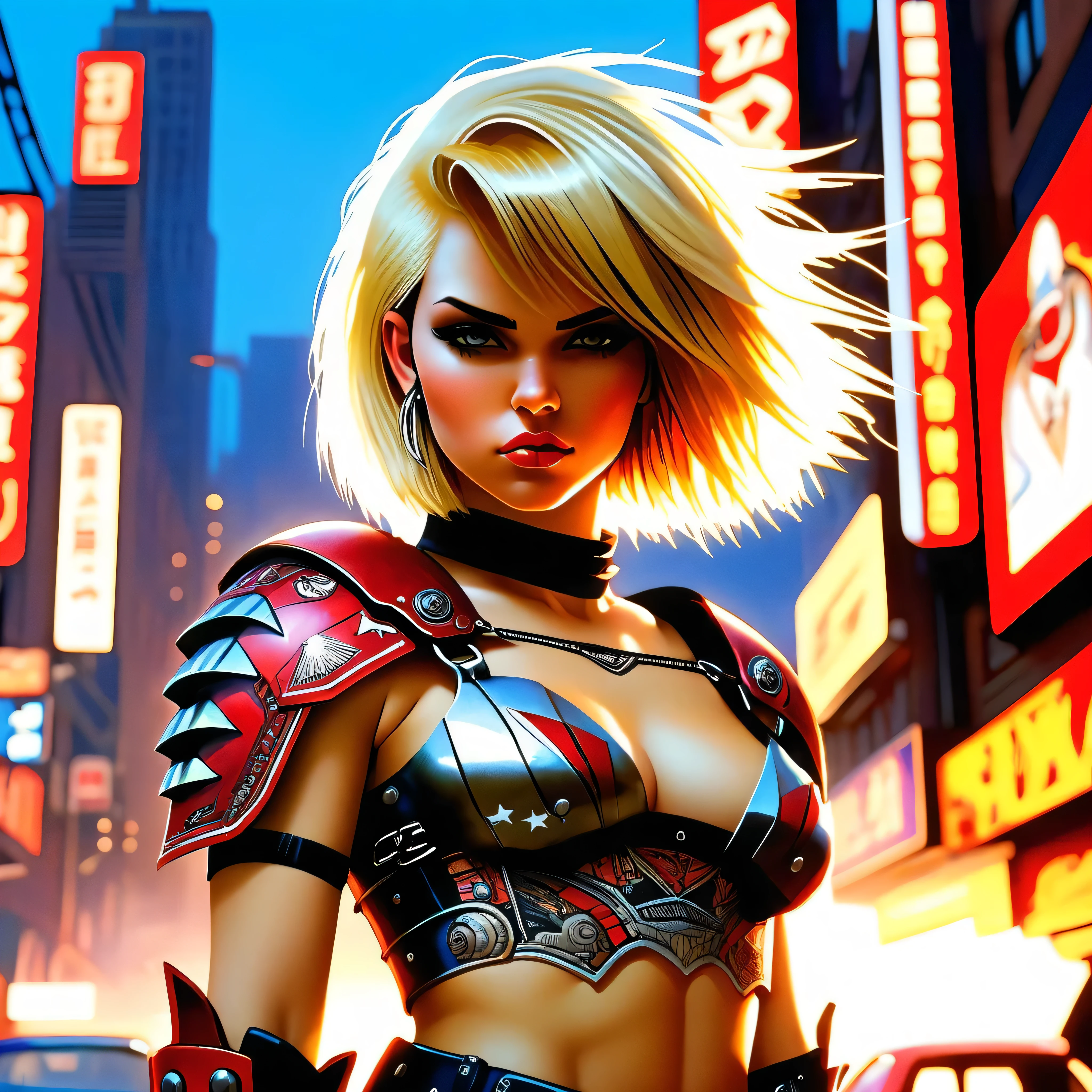 CG K Ultrarealistic ,((premium、8k、32K、masterpiece、NffSW:1.3)), (superfine illustration)、(super high resolution), (((adult body))), (((1 girl in))), ((( short hair bob ))), 25 year old cyberpunk gladiator with perfect body, Shoulder pads with metal spikes., Gladiadores in Brooklyn, (( short hair bob )), Torn rugby team t-shirt, Almost naked in the wild urban style of Simon Bisley, short blonde hair, minimal clothing, Metallic protection on the left arm with complex graphics....., Dark red with white stars and blue and white stripes., armor, Full of spikes and rivets., poison tattoo (((Image from the knee up))), short white blonde hair, In the background、 There is a wall with an intricate design painted by Shepard Fairey.....