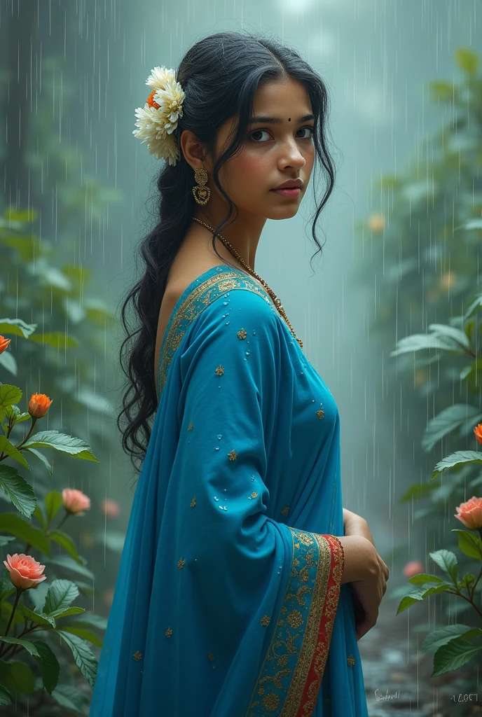 A beautiful Bengali girl in a blue sharee, show her full fit, a beli ful in her hair and standing in rain make it like a painting