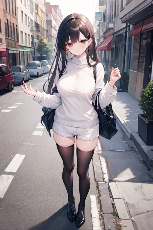 8k, masterpiece, best quality, beautiful, dedicated, genderbend, 1girl, solo, kiyotaka ayanokoji, long hair, cute eyes, brown eyes, large breasts, white sweater, short hotpants, stockings, blushing, emotionless, front view, pov, cowboy shot, looking at viewer, full body, normal standing pose, on the street, morning, nice hands, perfect hands