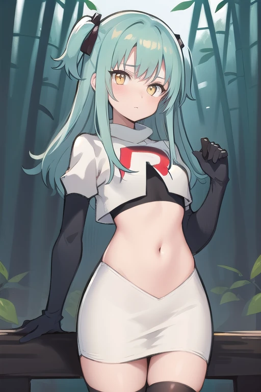 best quality, (masterpiece:1.2), illustration, absurdres,
(1girl, solo), (beautiful detailed girl),
Tio Plato, yellow eyes, aqua hair, long hair, two side up, small breasts,
fake animal ears,
team rocket,team rocket uniform,white skirt,red letter R,crop top,black thigh-highs,black elbow gloves,
looking at viewer,
in bamboo forest, stream,,
cowboy shot,