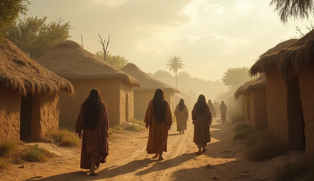 An ancient village from the time of the Israelites, showing mud houses and the surrounding nature. The sky is tinged with light mist, giving a sense of mystery. The people are villagers from the old era, wearing traditional clothes and long hair in the middle of the village.