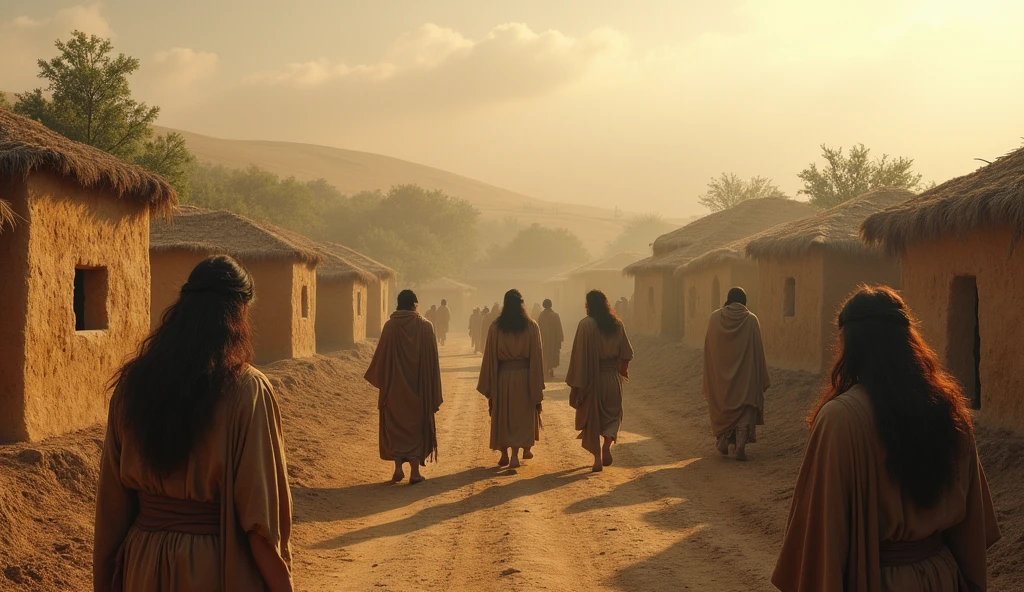 An ancient village from the time of the Israelites, showing mud houses and the surrounding nature. The sky is tinged with light mist, giving a sense of mystery.  The people are villagers from the old era, wearing traditional clothes and long hair in the middle of the village.  