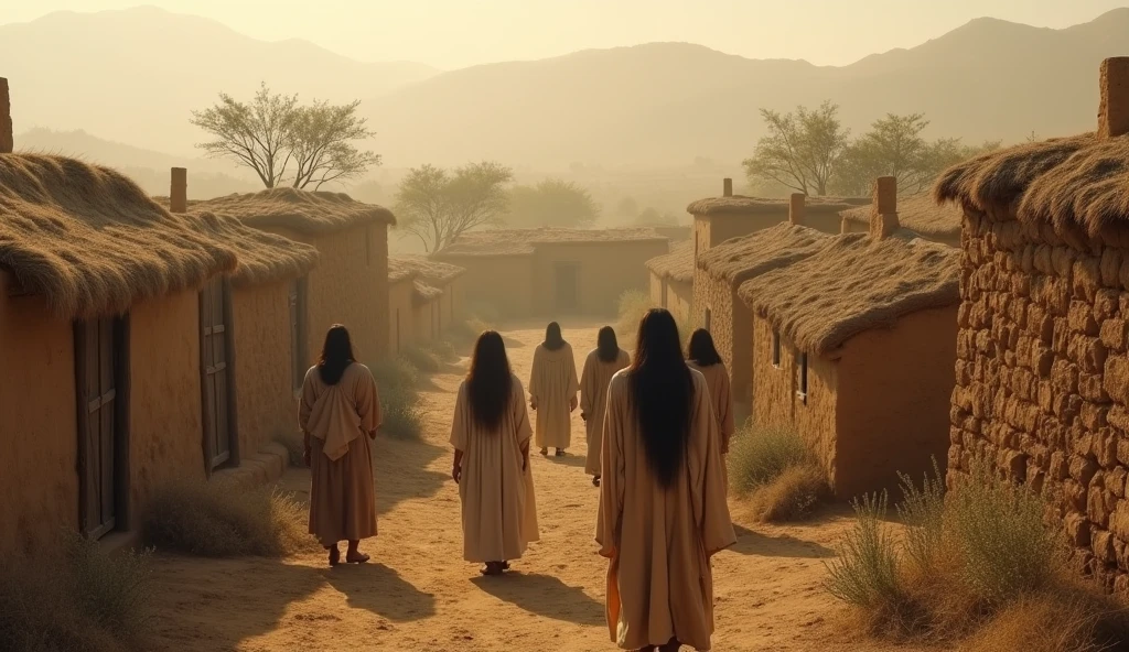 An ancient village from the time of the Israelites, showing mud houses and the surrounding nature. The sky is tinged with light mist, giving a sense of mystery. The people are villagers from the old era, wearing traditional clothes and long hair in the middle of the village.