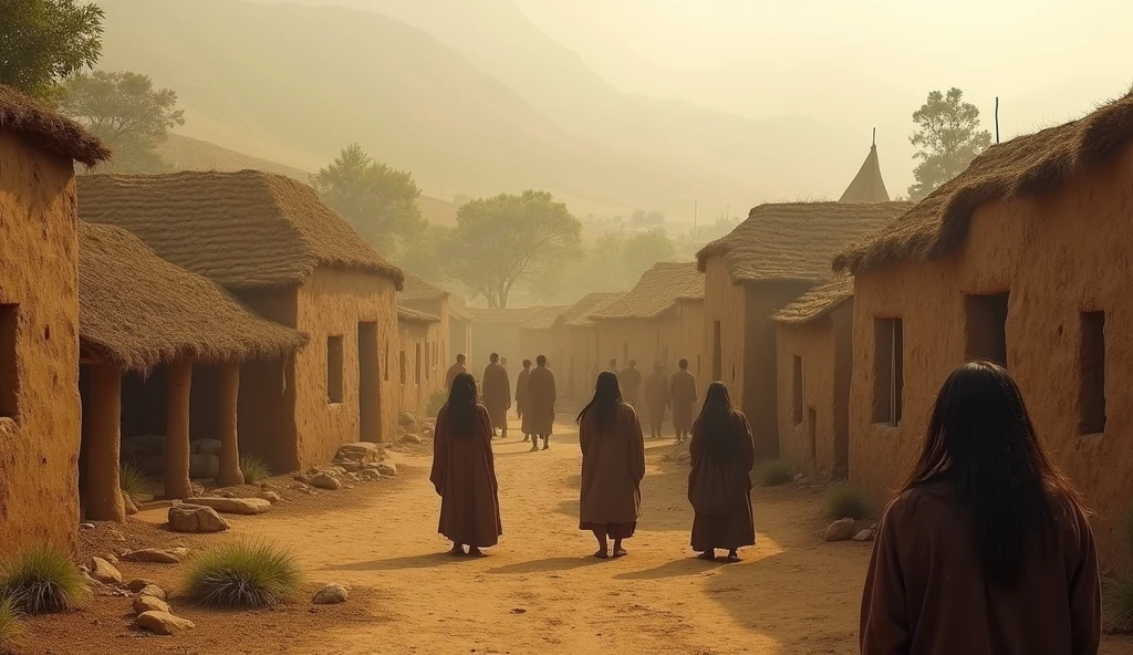 An ancient village from the time of the Israelites, showing mud houses and the surrounding nature. The sky is tinged with light mist, giving a sense of mystery. The people are villagers from the old era, wearing traditional clothes and long hair in the middle of the village.