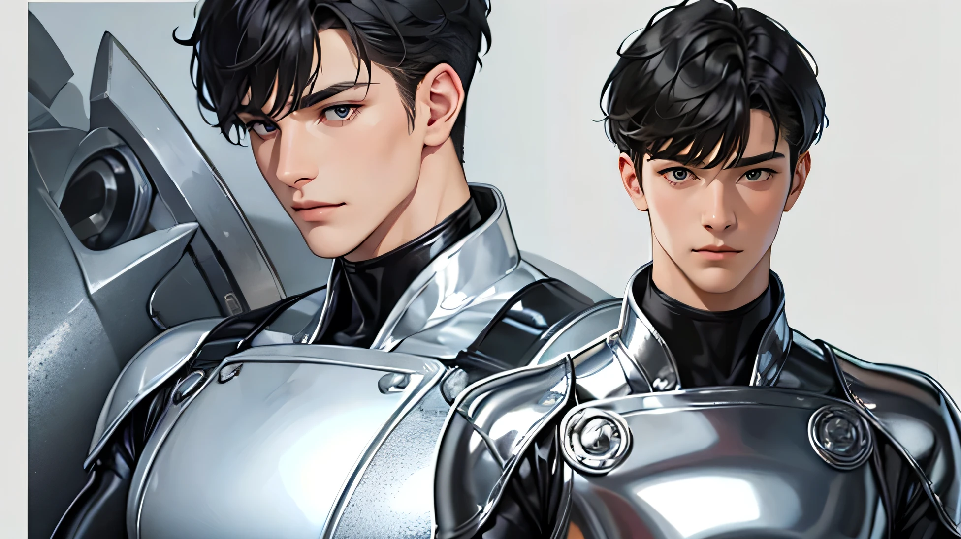 Handsome Japanese male models　　22 years old　smile　　　Black Hair　　Short cut　Short bangs　looking at the camera　　　　　Shiny full-body silver suit　　　Shiny silver latex suit　Mega Bulge　　looking at the camera　future world　　　　　Upper body close-up　Face close-up　　　　　Fierce