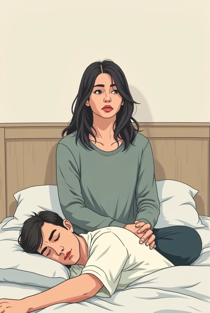 I would like to create a wikihow format image of a woman sitting on a bed, thinking and with a sad expression and at the end of the bed a man lying down sleeping 