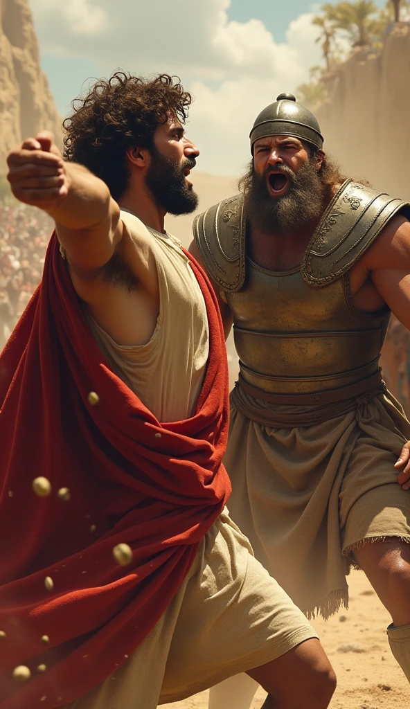 A dramatic and dynamic scene of David hurling a stone at Goliath. David is depicted in mid-motion, with intense focus and determination on his face, as he releases the stone from his sling. Goliath is shown in the moment of impact, his face contorted in surprise and pain as the stone strikes his forehead. The background is filled with tension, capturing the clash between the two figures. David, wearing simple shepherd's attire, contrasts sharply with Goliath's imposing armor and colossal size. The scene is vibrant, highlighting the decisive moment of David's victory