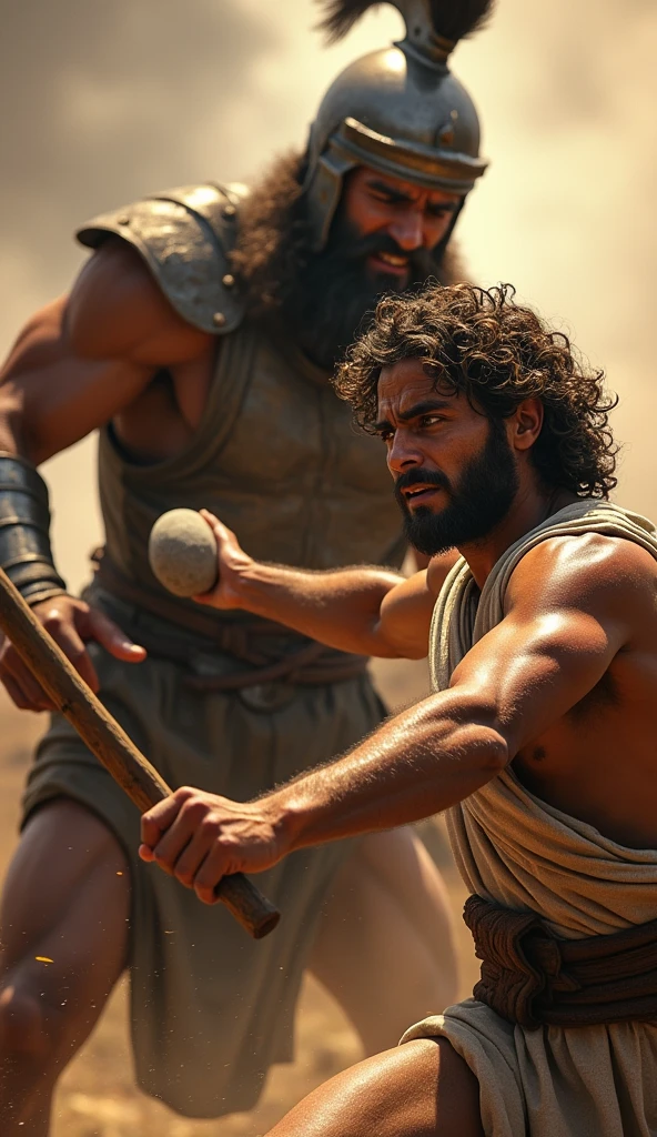 A dramatic and dynamic scene of David hurling a stone at Goliath. David is depicted in mid-motion, with intense focus and determination on his face, as he releases the stone from his sling. Goliath is shown in the moment of impact, his face contorted in surprise and pain as the stone strikes his forehead. The background is filled with tension, capturing the clash between the two figures. David, wearing simple shepherd's attire, contrasts sharply with Goliath's imposing armor and colossal size. The scene is vibrant, highlighting the decisive moment of David's victory