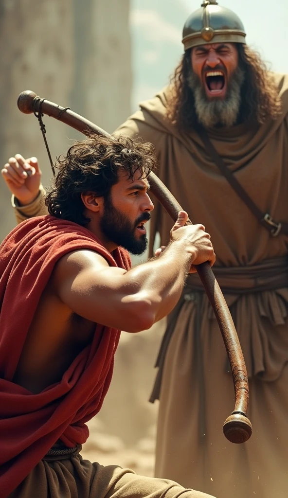 A dramatic and dynamic scene of David hurling a stone at Goliath. David is depicted in mid-motion, with intense focus and determination on his face, as he releases the stone from his sling. Goliath is shown in the moment of impact, his face contorted in surprise and pain as the stone strikes his forehead. The background is filled with tension, capturing the clash between the two figures. David, wearing simple shepherd's attire, contrasts sharply with Goliath's imposing armor and colossal size. The scene is vibrant, highlighting the decisive moment of David's victory