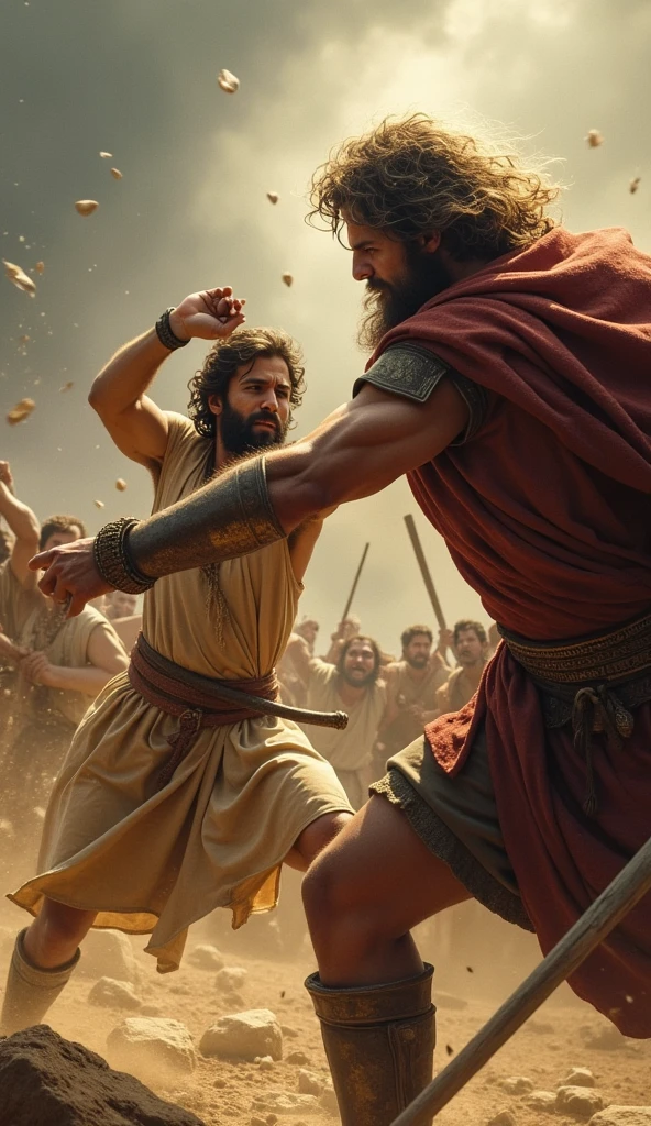 A dramatic and dynamic scene of David hurling a stone at Goliath. David is depicted in mid-motion, with intense focus and determination on his face, as he releases the stone from his sling. Goliath is shown in the moment of impact, his face contorted in surprise and pain as the stone strikes his forehead. The background is filled with tension, capturing the clash between the two figures. David, wearing simple shepherd's attire, contrasts sharply with Goliath's imposing armor and colossal size. The scene is vibrant, highlighting the decisive moment of David's victory
