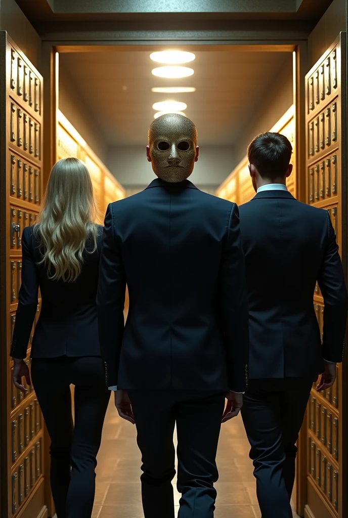 a blonde woman, A black-haired woman and a handsome man in suits and masks with their backs turned entering a bank vault with lots of money