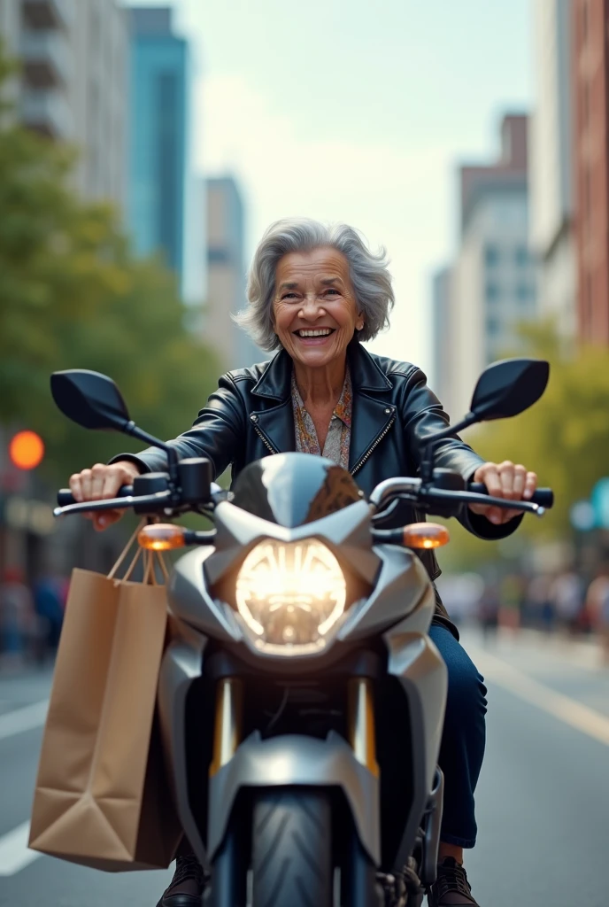 A smiling grandma on a motorbike returning from shopping,Modern 