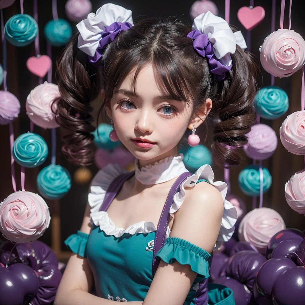 A teal-blue eyed girl with dark-purple twin buns White twin Srunchies with Pink trimmings are around twin bun.Long curly strands of hair by her neck and sides of each ear. Wearing a detached ruffles vermillon sleeves  a white tank top with pink hearts covering the leather  with dark brown spheres radiating blue energy swirls around her