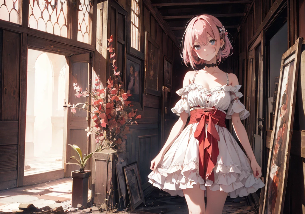 Realistic photos, Focus distance 10mm, Red and white, Beautiful girl, Realistic photos, Shooting at focus distance 10mm, masterpiece, 最high quality, high quality, Very detailed CG 8k wallpaper unit, Award-winning photography, Depth of written boundary, High resolution, bloom, chromatic aberration, Realistic, Very detailed, Art Station Trends, CGsociety Trends, Complex, High detail, dramatic, Art on the go, volumetric lighting, In the hallway of a dilapidated chapel, a beautiful pink-haired zombie girl stares emotionlessly at an old devotional painting, with a dusty floor and broken windows lined up behind her
