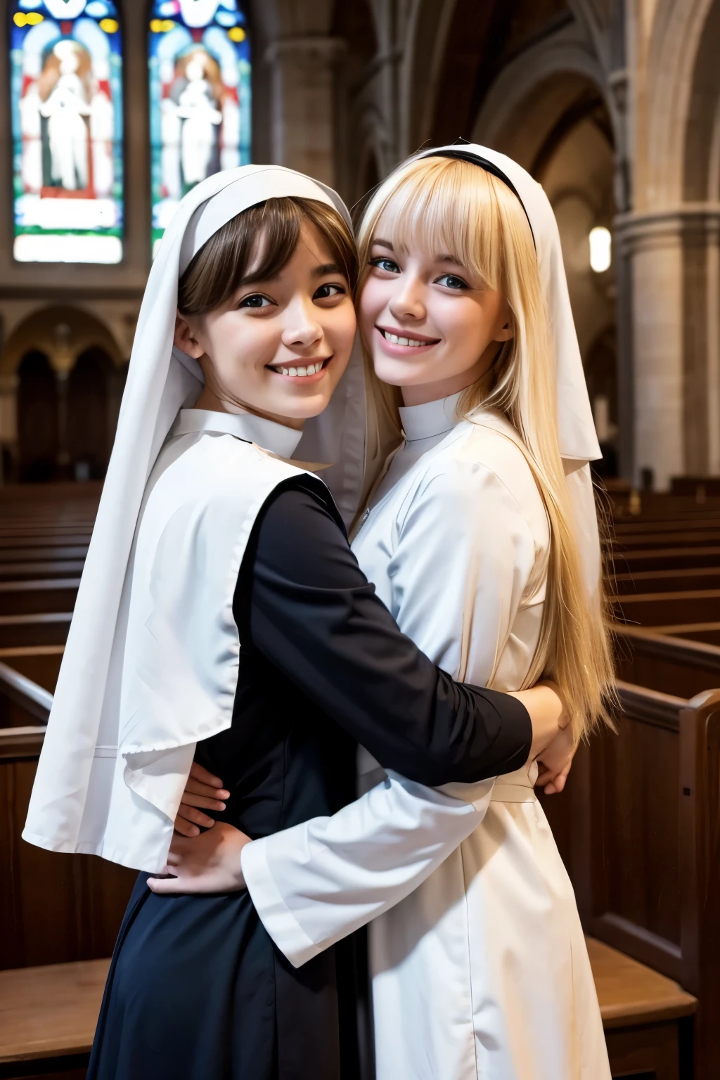 two cute french girls、Blonde、With bangs、smile、The body is slim、Monastic uniform、Nuns、Stand in a hug、At church