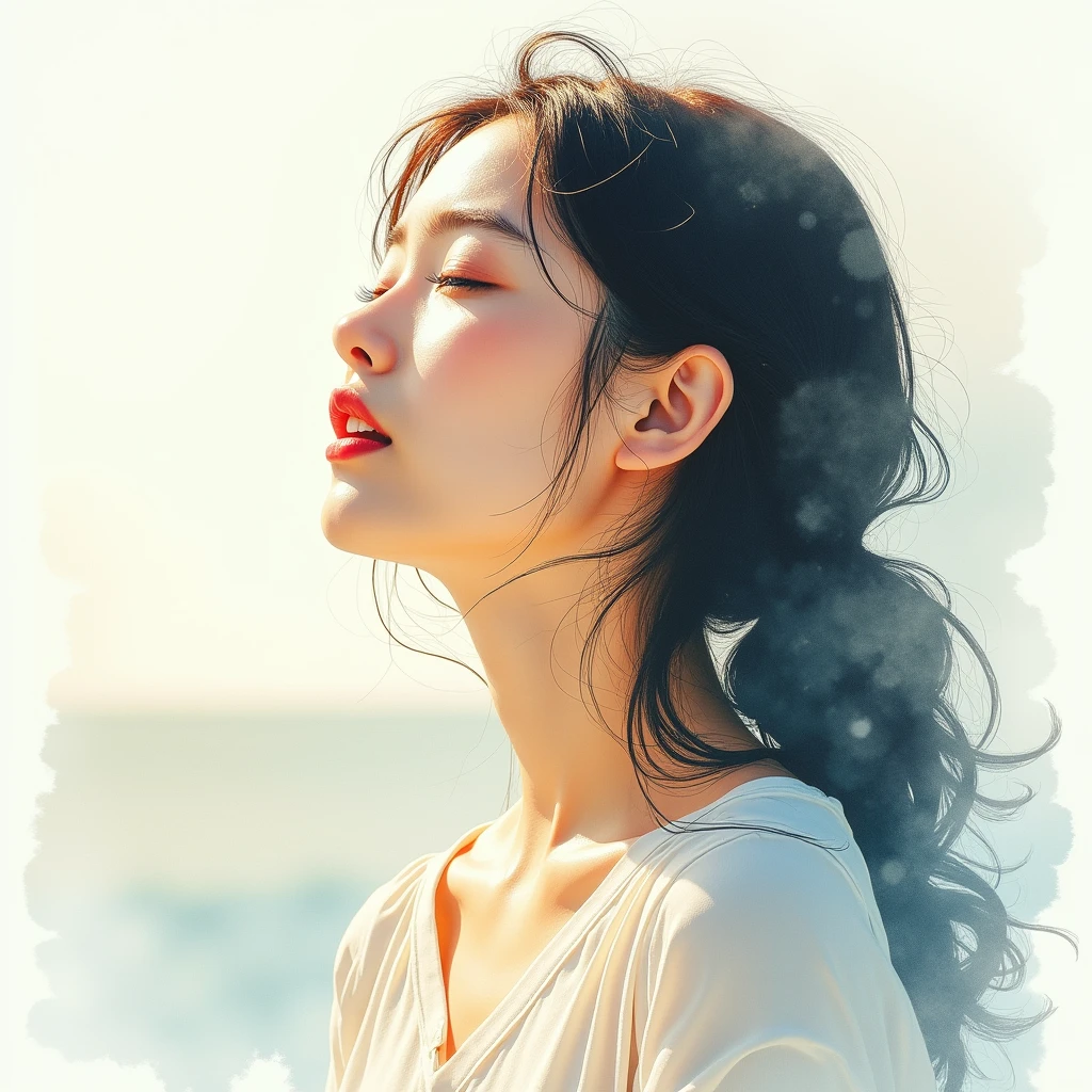 a watercolor painting of a girl sing a song towards the sea of Calm Island, half-closed eye look up to the sky:1.33, CANON RF28-70 mm F/2.0 LUSM, (double exposure shading):1.2, (sharp sketch, watercolor painting aesthetic art pale tone):1.61, (masterpiece, photo_real, Physically based rendering):1.33, 1girl (handsome jet-black hair,colored inner orange ombre hair multicolored hair):1.21, layered hair, (curly hair:0.75), (detailed brown eyes, stare eyes),ethereal lighting,