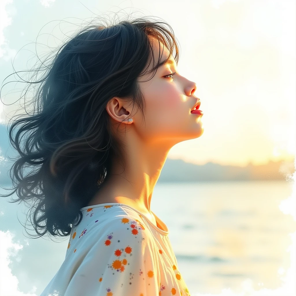 a watercolor painting of a girl sing a song towards the sea of Calm Island, half-closed eye look up to the sky:1.33, CANON RF28-70 mm F/2.0 LUSM, (double exposure shading):1.2, (sharp sketch, watercolor painting aesthetic art pale tone):1.61, (masterpiece, photo_real, Physically based rendering):1.33, 1girl (handsome jet-black hair,colored inner orange ombre hair multicolored hair):1.21, layered hair, (curly hair:0.75), (detailed brown eyes, stare eyes),ethereal lighting,