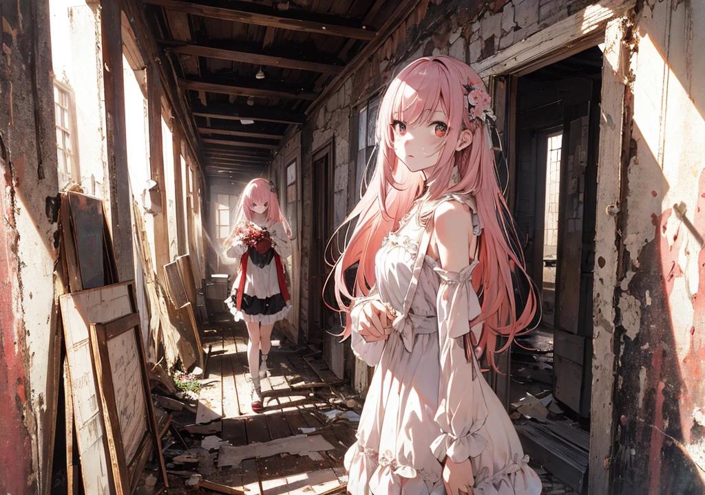 Realistic photos, Focus distance 10mm, Red and white, Beautiful girl, Realistic photos, Shooting at focus distance 10mm, masterpiece, 最high quality, high quality, Very detailed CG 8k wallpaper unit, Award-winning photography, Depth of written boundary, High resolution, bloom, chromatic aberration, Realistic, Very detailed, Art Station Trends, CGsociety Trends, Complex, High detail, dramatic, Art on the go, volumetric lighting, In the hallway of a dilapidated chapel, a beautiful pink-haired zombie girl stares emotionlessly at an old devotional painting, with a dusty floor and broken windows lined up behind her