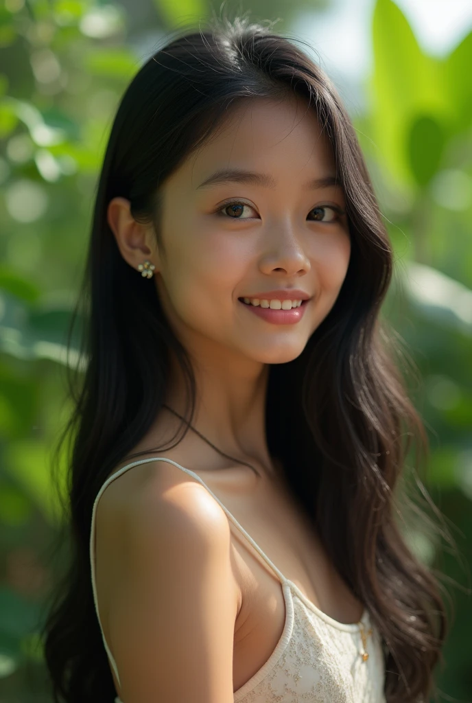 (8k, RAW Photos, Best Quality, High resolution: 1.1), (Ultra realist: 1.4), (realist, photorealistic: 1.3), young girl, (Malay Pakistani appearance), unclothed, posing like a supermodel in a green garden, 6 p.m., (hoyuelos en la cheek), realist Face, realist Body, realist Skin, side view, absurd, masterpiece, (Beautiful: 1.8), beauties, Alone, Detailed black eyes, innocent eyes, cheek, film grain, long necklace, small earrings, ((black hair, long straight hair rebonding)), cherry lips, looks at the viewer from below, Upper part of the body, open lips, neckline, medium chest, Nipples, Upper teeth, linda smile mostrar los dientes, (smiling eyes: 0.6), (smile: 1.2)), depth of field, blurred background, Eye focus, bokeh, young, spring the 85mm f/2, Soft ambient lighting, Photon mapping, Radiosity, Physically based representation,