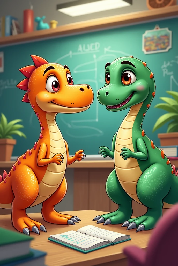 Create a drawing featuring an orange Velociraptor and a green Brachiosaurus in an animated classroom