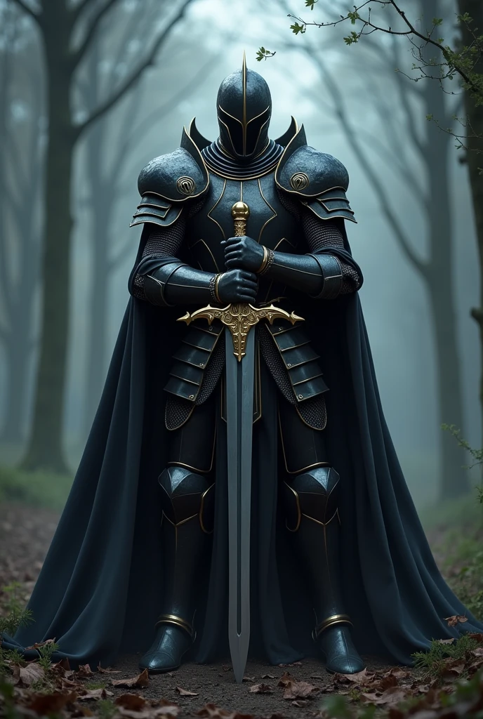 Black Knight,Knight in black armor,Stab the two-handed sword into the ground,Hold the hilt of the sword with both hands,Black Cape,Otherworldly Armor,Gold color line,Night Forest,fog,Cloak fluttering in the wind,(Wear a black robe over your armor)