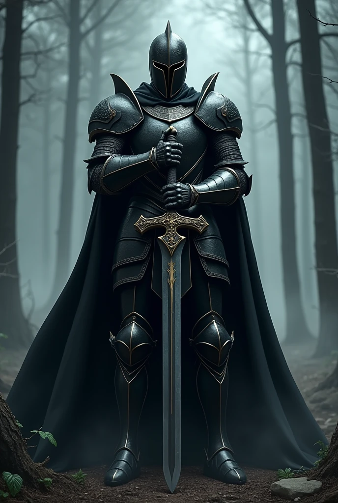 Black Knight,Knight in black armor,Stab the two-handed sword into the ground,Hold the hilt of the sword with both hands,Black Cape,Otherworldly Armor,Gold color line,Night Forest,fog,Cloak fluttering in the wind,(Wear a black robe over your armor)