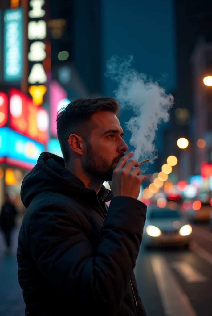 A man smoking a cigarette in front of Broadway at night