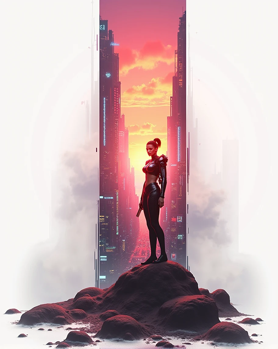 photografic realistic 4k cyberpunk warrior girl, standing sunset