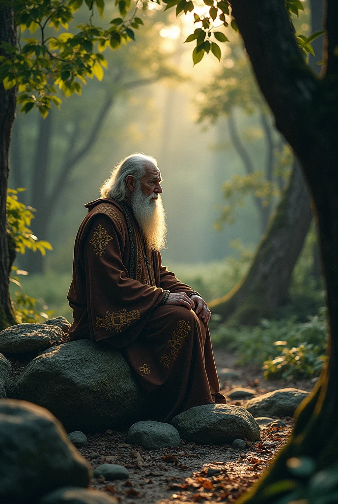 A small clearing in the center of the forest. An old man, the Elder, sits on a rock, dressed in a robe adorned with mystical symbols. His face is marked by age and wisdom. He looks towards the horizon, seeming to wait for someone. The light of dawn softly illuminates the scene, highlighting the details of his robe and the engravings on the stones around him.