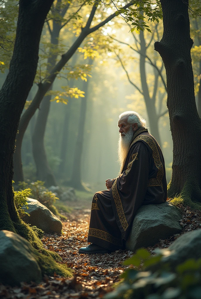 A small clearing in the center of the forest. An old man, the Elder, sits on a rock, dressed in a robe adorned with mystical symbols. His face is marked by age and wisdom. He looks towards the horizon, seeming to wait for someone. The light of dawn softly illuminates the scene, highlighting the details of his robe and the engravings on the stones around him.