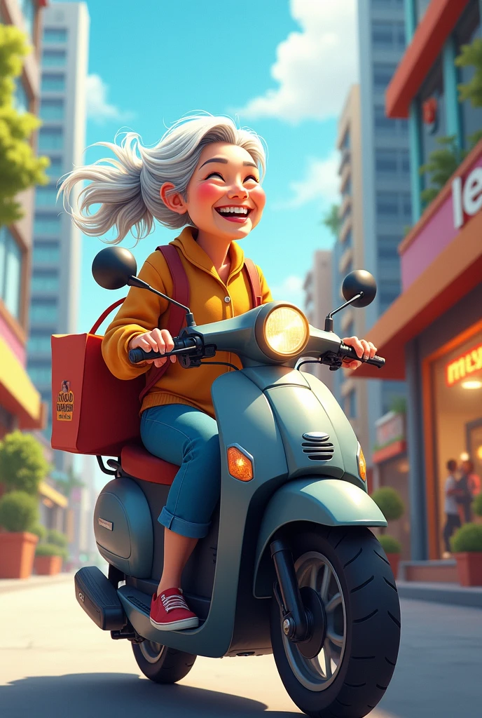 A smiling grandma on a motorbike returning from shopping,Modern 