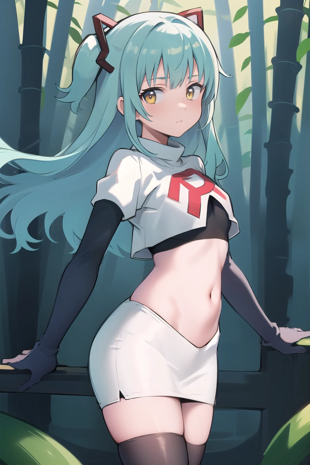 best quality, (masterpiece:1.2), illustration, absurdres,
(1girl, solo), (beautiful detailed girl),
Tio Plato, yellow eyes, aqua hair, long hair, two side up, small breasts,
fake animal ears,
team rocket,team rocket uniform,white skirt,red letter R,crop top,black thigh-highs,black elbow gloves,
looking at viewer,
in bamboo forest, stream,,
cowboy shot,