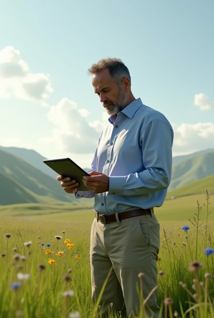 A man in the field analyzing results on his tablet
