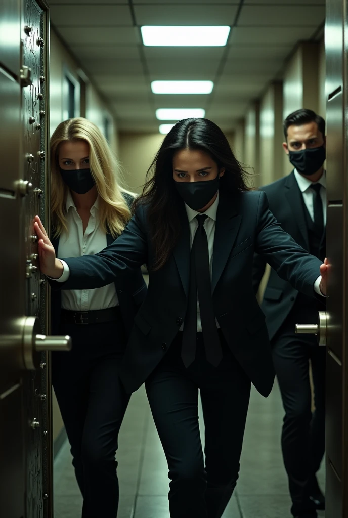 a blonde woman, A black-haired woman and a handsome man in suits and masks entering, breaking into a bank vault with lots of money 