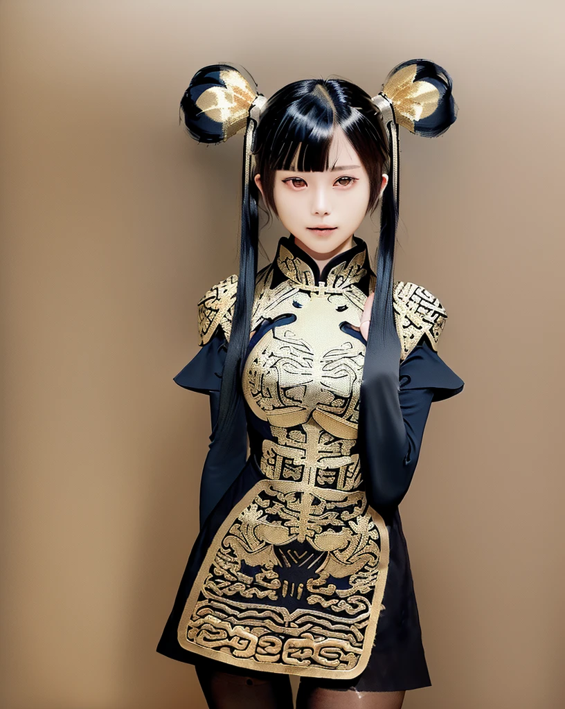 Masterpiece,best quality,solo, 1 beautiful Japanese girl,,(sparkling black eyes,slant eyes),(pale skin),(black hair,blunt bangs,(short twintails:1.2),(high twintails:1.2),hair length to shoulder,voluminous hair,hair held up with a blue choux:1.5),(big breasts:ess expression, fearless smile, fighting pose:1.2),(fantasy black Chinese dress,black tights,intricate gold breastplate:1.5),(plainround:1.5),