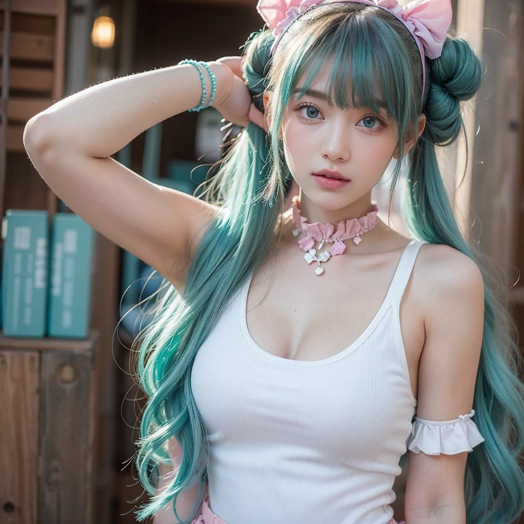 A teal-blue eyed girl with dark-purple twin buns White twin Srunchies with Pink trimmings are around twin bun.Long curly strands of hair by her neck and sides of each ear. Wearing a detached ruffles vermillon sleeves a white tank top with pink hearts covering the leather with dark brown spheres radiating blue energy swirls around her