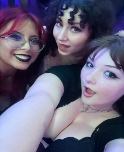 three women with red hair and black makeup taking a selfie, profile pic, audience selfie, profile image, profile picture, low quality photo, server in the middle, roomies, cute girls, non blurry, amouranth, very very low quality picture, profile picture 1024px, beautiful girls, photo taken in 2 0 2 0, very silly looking, wearing bra,  she has a jiggly fat round belly, thicc, her belly button is exposed, Big tits, huge tits, no clothes, sexy, cute, wide hips, thick thighs, pear-shaped body, minimal clothes, thick, bbw, chubby stomach, thick nipples, nipple piercings, large areola, hard nipples, piercing through shirt, nipples hard through shirt, busty, major cleavage, naked, ripping through top, spilling over sides, bra too tight, giant , extra wide hips, fat stomach, fat bbw, chubby, jiggly and round belly, fat bbw, upper body zoom, fat stomach, upper body zoom, naked  and wide belly, underwear, no pants, from above and diagonally