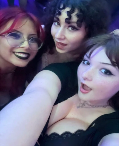 three women with red hair and black makeup taking a selfie, profile pic, audience selfie, profile image, profile picture, low quality photo, server in the middle, roomies, cute girls, non blurry, amouranth, very very low quality picture, profile picture 1024px, beautiful girls, photo taken in 2 0 2 0, very silly looking, wearing bra,  she has a jiggly fat round belly, thicc, her belly button is exposed, Big tits, huge tits, no clothes, sexy, cute, wide hips, thick thighs, pear-shaped body, minimal clothes, thick, bbw, chubby stomach, thick nipples, nipple piercings, large areola, hard nipples, piercing through shirt, nipples hard through shirt, busty, major cleavage, naked, ripping through top, spilling over sides, bra too tight, giant , extra wide hips, fat stomach, fat bbw, chubby, jiggly and round belly, fat bbw, upper body zoom, fat stomach, upper body zoom, naked  and wide belly, underwear, no pants, from above and diagonally