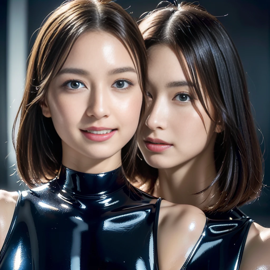 (((32K,very high res, high detailing, highly accurate,Masterpiece Girl 1))),Raw photo & realistic atmosphere,beautiful dark blue eyes,Detailed mouth,Glossy lips,Detailed eyebrows,Soft white skin that shines with every detail,,Eyes drawn in detail、Very beautiful eyes with azure eyes,Detailed lips、Very beautiful face,Very well-formed face、Lifelike face,shiny beautiful lips,Beautiful eyebrows,Infinite reality,Best design, ((Latex Bodysuit Red))、smile